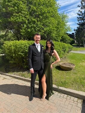Olive Green Pleated Evening Gown with Side Slit